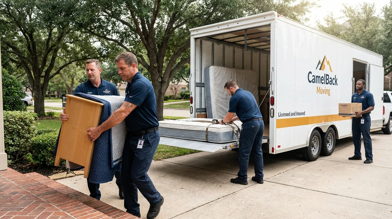 Crew loading residential truck for cross-state move from North Bend, OR