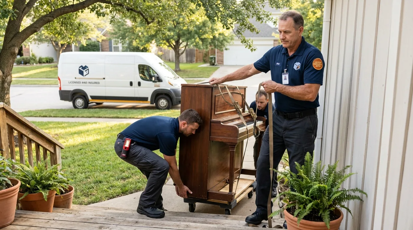 Licensed piano movers securing grand piano in North Bend, OR