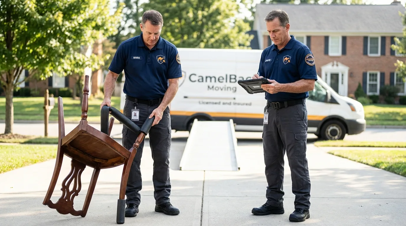 Movers inspecting furniture for damage prevention before loading in North Bend, OR