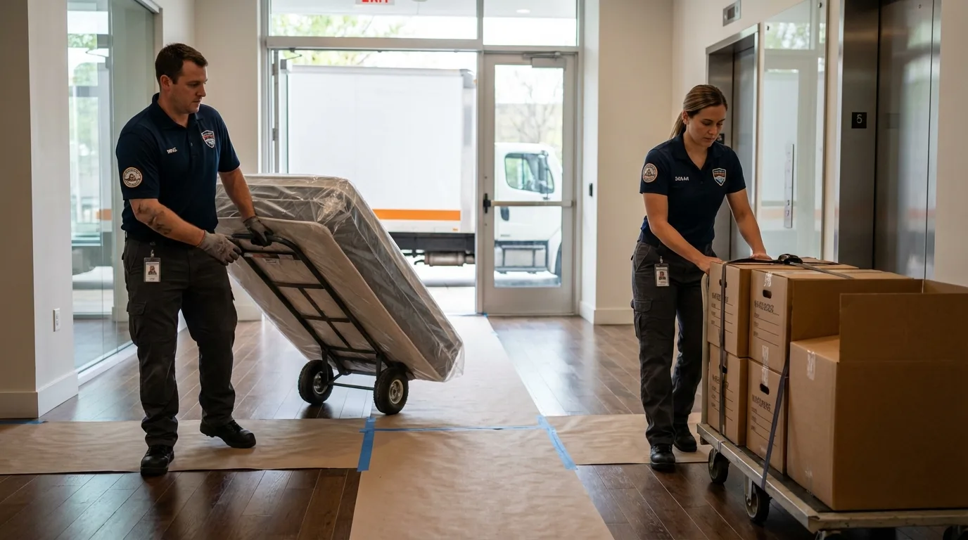 Professional apartment movers loading elevator in North Bend, OR
