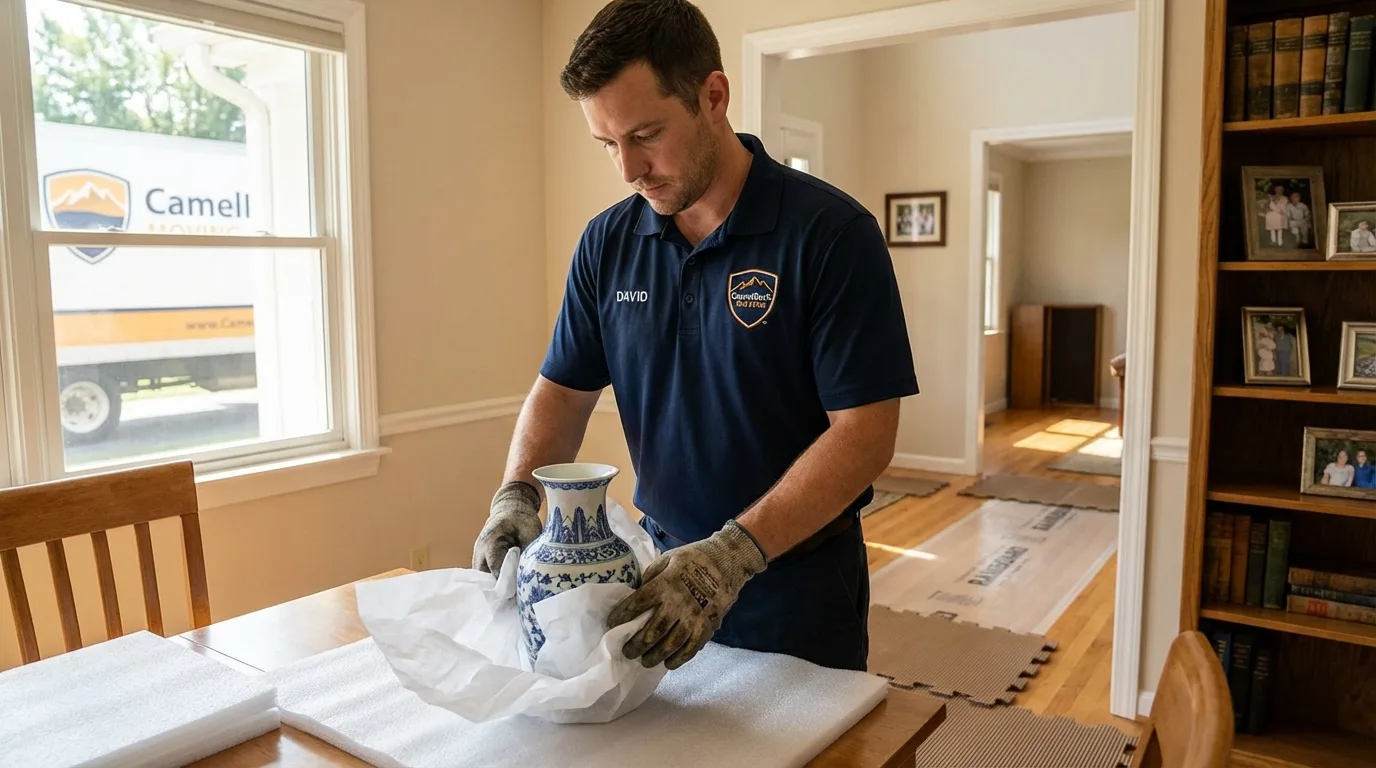 Professional crew carefully wrapping antique vase for senior downsizing move in North Bend, OR
